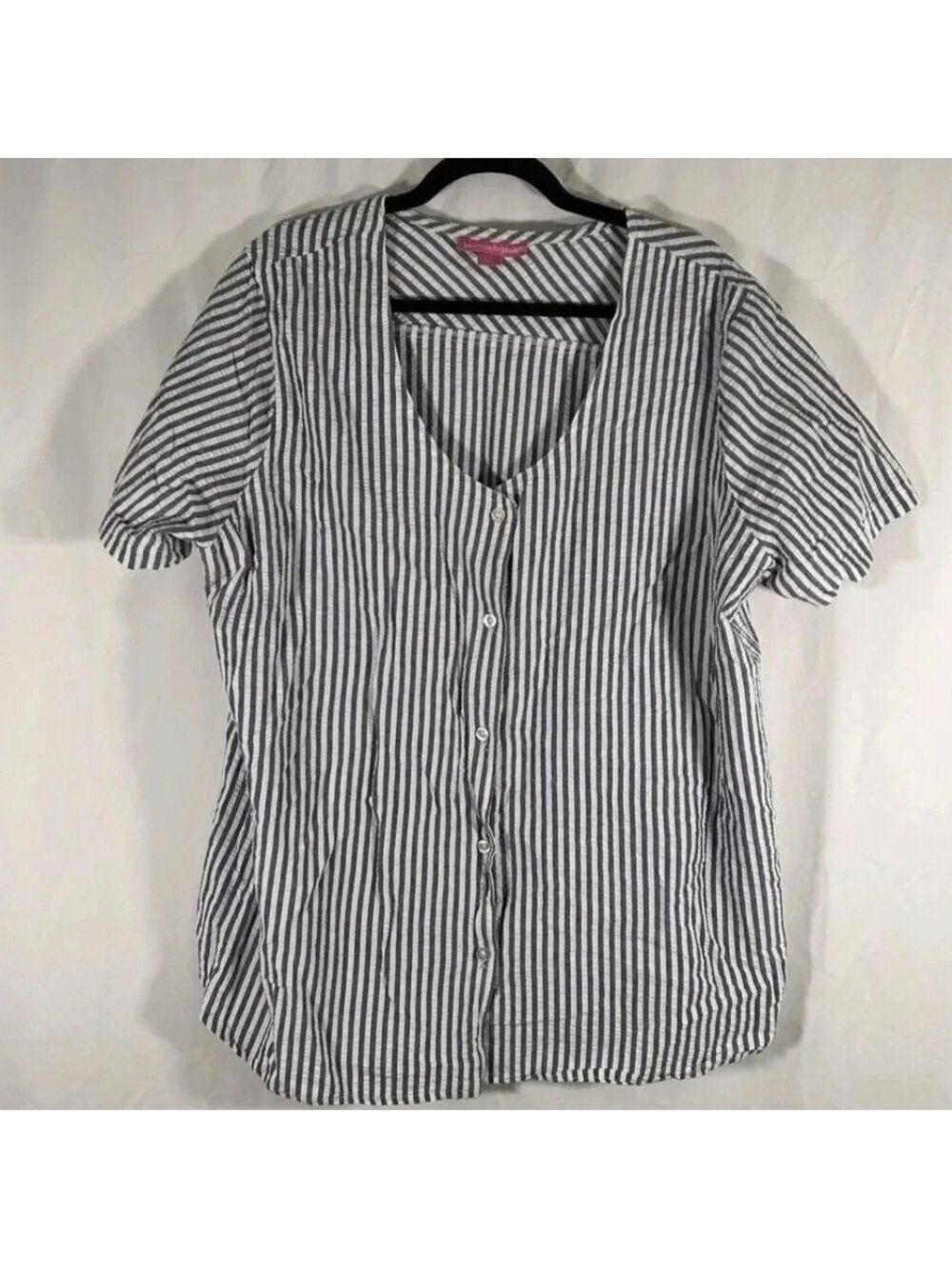 Woman Within Blouse Women's 1X White Blue Striped Button Up Short Sleeve Cotton